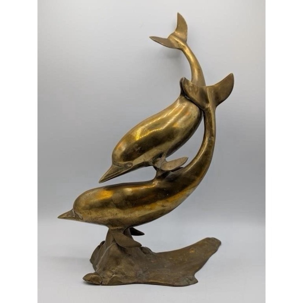 VTG 50s Large Brass Double Swimming Dolphins Sculpture MCM 15"